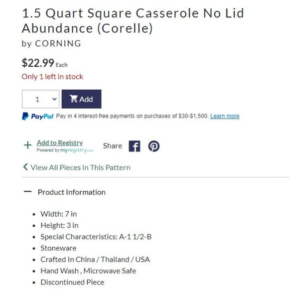 1.5 Quart Square Casserole No Lid Abundance (Corelle) by Corning - Picture 5 of 6